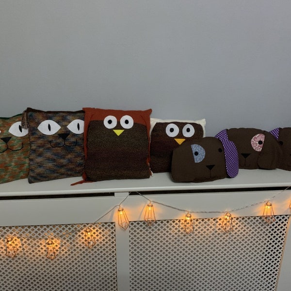 Animal Plush Shaped Cushion - Cat, Owl and Puppy Dog Designs - Knitted and Fabric Styles