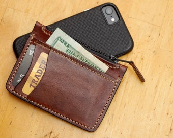 Leather Card Wallet with Cash Pocket and Zippered Compartment