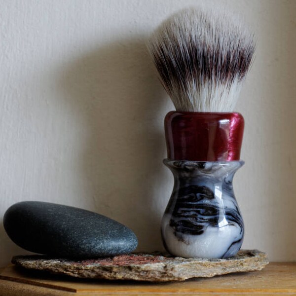 Shaving Brush - Grey Marble and Red Wine Resin Handle Hand-Made with Three Band Synthetic Knot