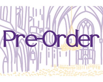 May include: The text Pre-Order is written in bold purple letters over a light purple line drawing of a cathedral interior with arched columns and a hanging light fixture, set against a white background.