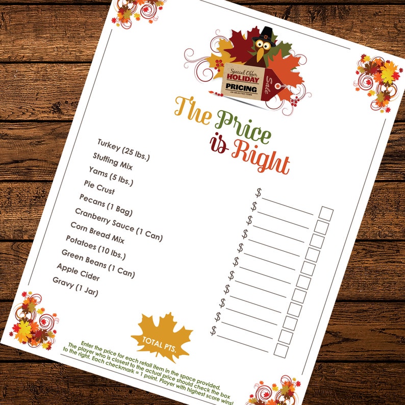 The Price is Right Thanksgiving Game Instant Download and Print image 1