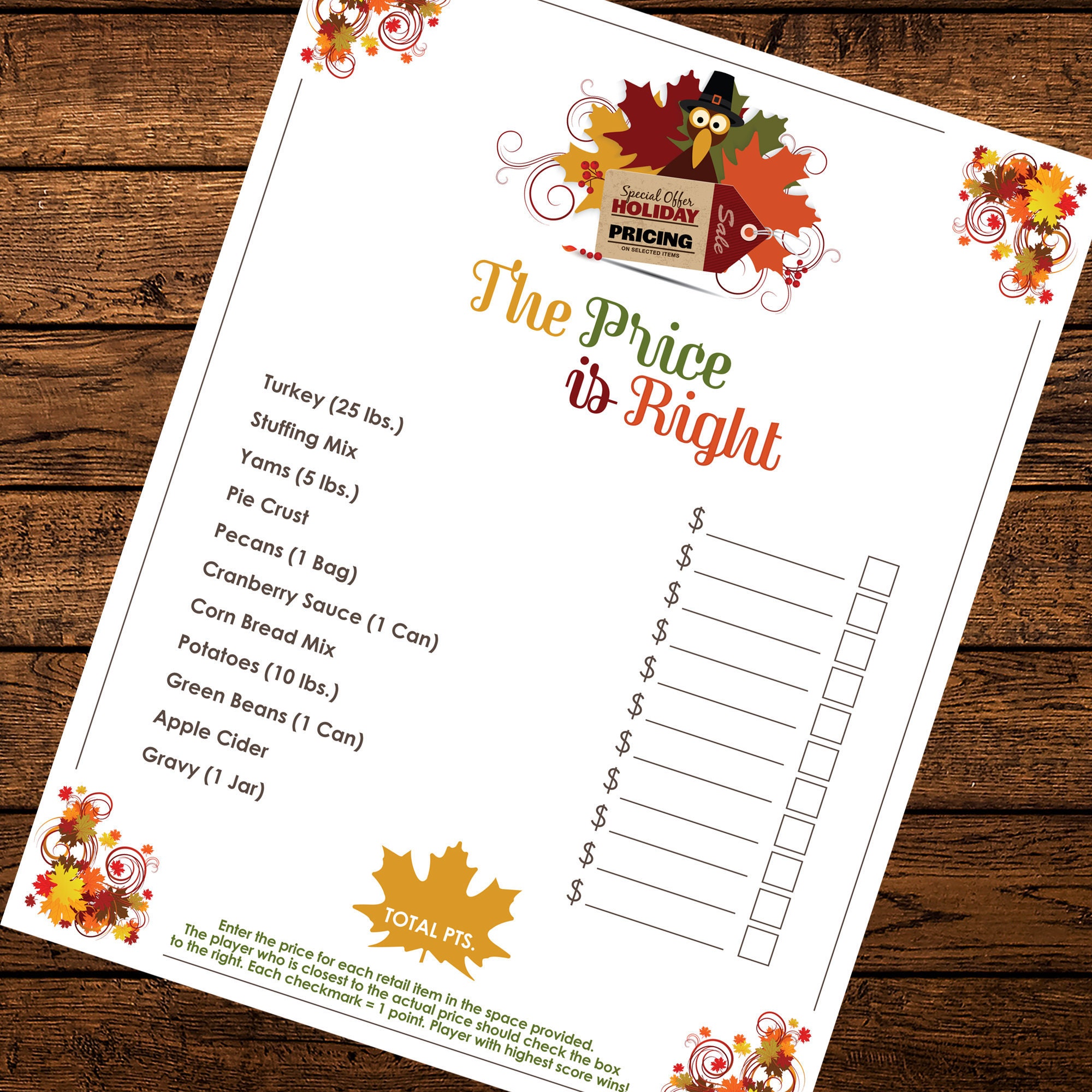 the price is right thanksgiving game (instant download and print