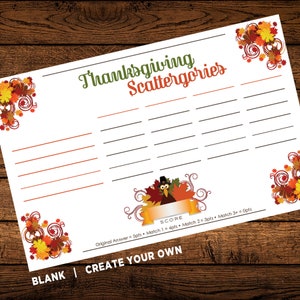 Op de afbeelding: Een printbaar Thanksgiving Scattergories-spelblad met een kalkoenillustratie en een rand van herfstbladeren. Het spelblad bevat een scoretabel en instructies om je eigen categorie&euml;n te maken.