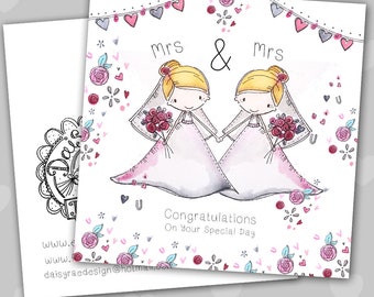 Mrs & Mrs Wedding Watercolour print greetings card with lots of sparkle!