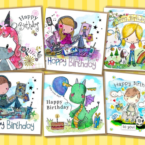 Pack 6 General Birthday Greetings Cards Teen Dragon Footballer Girl Dreams Unicorn