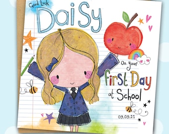 First Day at School Girl print greetings card with lots of sparkle!