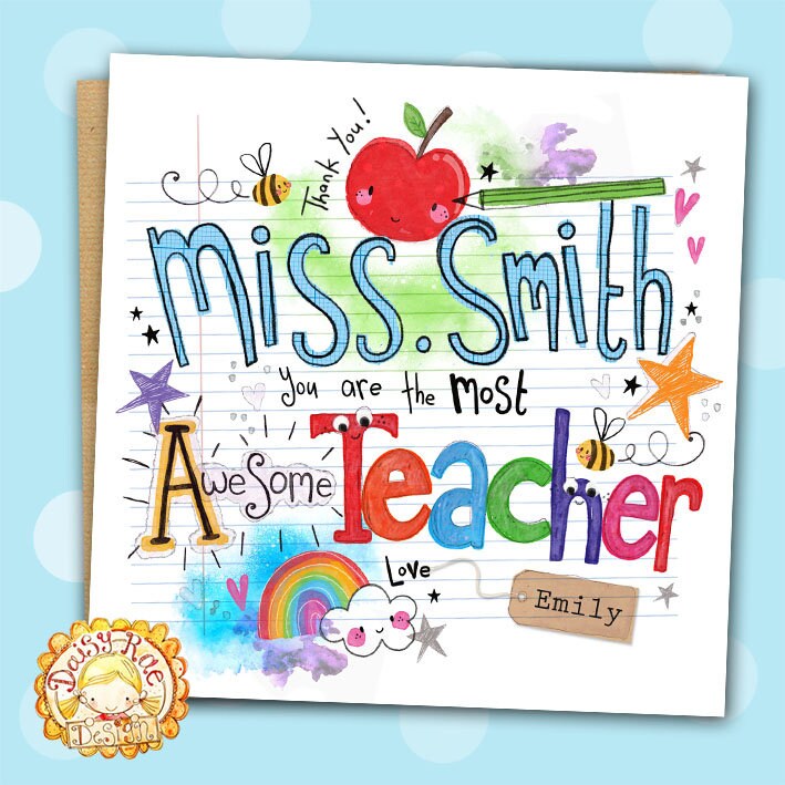 Notepad Thank You Teacher Watercolour print greetings card with lots …
