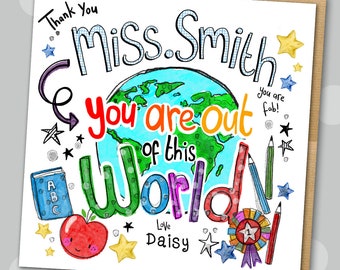 Out of this world Teacher Watercolour print greetings card with lots of sparkle!