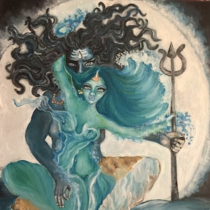 May include: A painting depicting a Hindu deity, Shiva, with his consort, Parvati, in a blue and green color scheme. Shiva is holding a trident, and Parvati is depicted as a flowing wave.