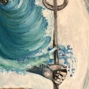 May include: A painting of a deity with blue hair and a blue wave behind them, holding a silver trident.