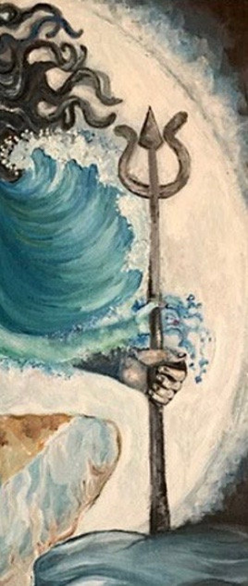 May include: A painting of a deity with blue hair and a blue wave behind them, holding a silver trident.