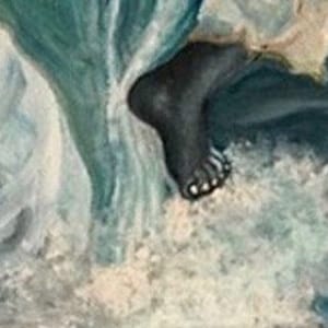 May include: A painting of a foot emerging from a swirling blue and white wave. The foot is painted in a dark brown color and has five toes. The wave is painted in a realistic style and has a foamy texture.