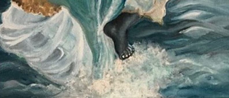 May include: A painting of a foot emerging from a swirling blue and white wave. The foot is painted in a dark brown color and has five toes. The wave is painted in a realistic style and has a foamy texture.