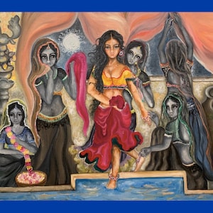 Fridge magnets with original art- Indian princess bathing. Beautiful fridge and room decor. Unique art gifts for every occasion.