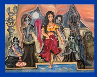 Fridge magnets with original art- Indian princess bathing. Beautiful fridge and room decor. Unique art gifts for every occasion.