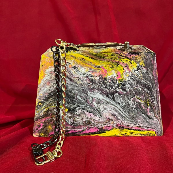 Acrylic pour wooden  jewelry/ makeup storage box. Extra metal strap to convert it to a unique, light, multipurpose party clutch purse gift.