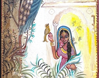 Bandeja india pintada a mano: Pavo real y palacio, arte rajastaní, decoración bohemia