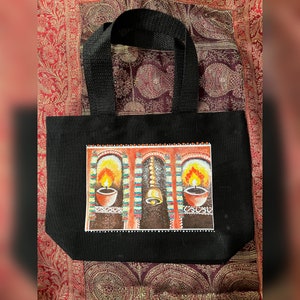 Bedruckte, handretusche schwarze Einkaufstasche, leichtes langlebiges, personalisierte Kunst auf Taschen, Lampen- und Glockenkunst, Geschenk für alle Gelegenheiten.