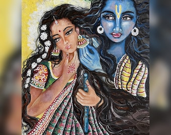Colorful fine art poster print of Krishna Radha's deep love