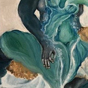 May include: Abstract painting of a figure with flowing green and blue paint, resembling water. The figure's hands are visible, and the painting has a textured, brushstroke effect.