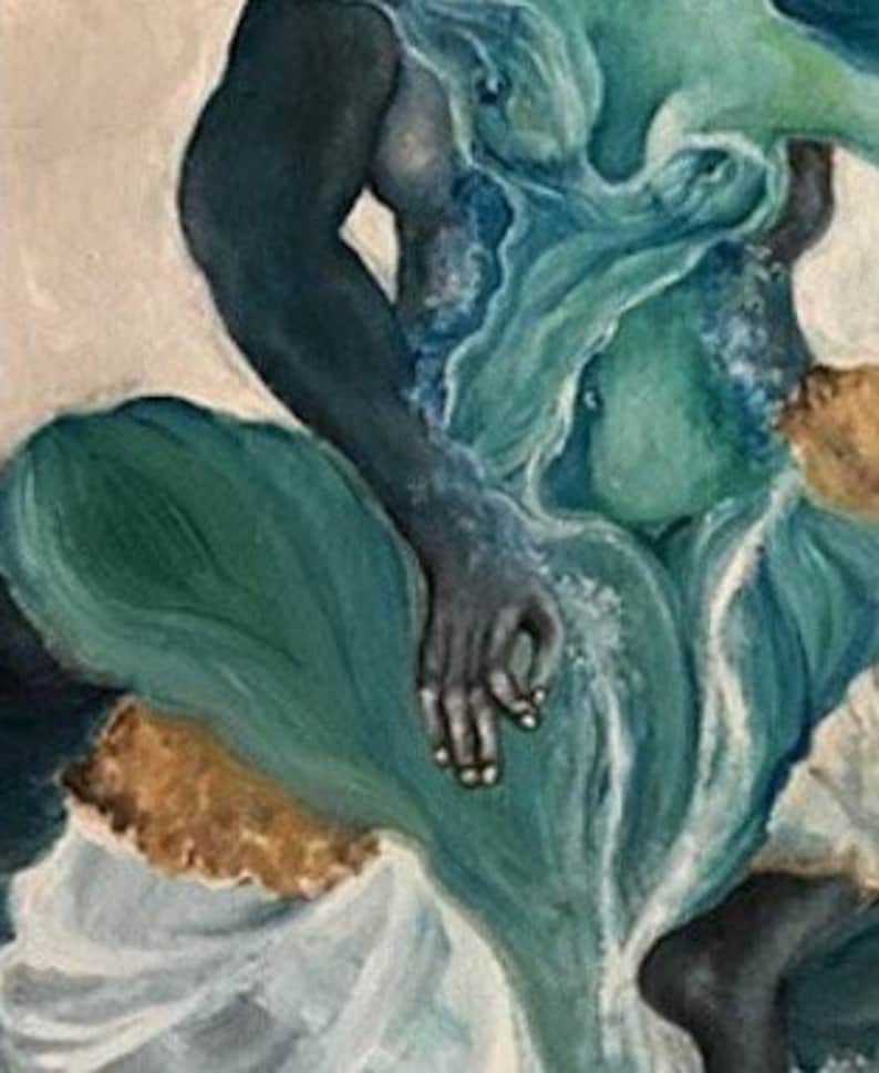 May include: Abstract painting of a figure with flowing green and blue paint, resembling water. The figure's hands are visible, and the painting has a textured, brushstroke effect.