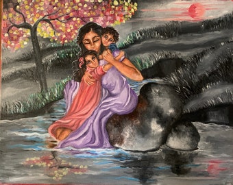 Fine art print Moederdag liefde met kinderen, postercadeau voor moeder, kleurrijke moeder en kinderen muurkunst, gepersonaliseerd muurcadeau voor moeder