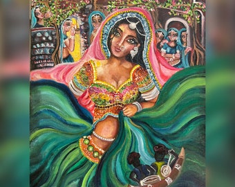 Fine art print of dancing princess, traditional indian rajasthani women art, colorful poster print gifts, beautiful wall hanging gifts.