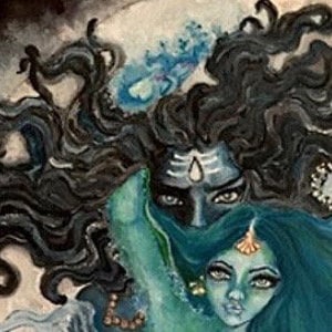 May include: A painting of a Hindu deity, Shiva, with his consort, Parvati. Shiva is depicted with a third eye and a blue face, while Parvati has a green face and long, flowing hair. The painting is done in a vibrant style with a mix of blue, green, and black colors.