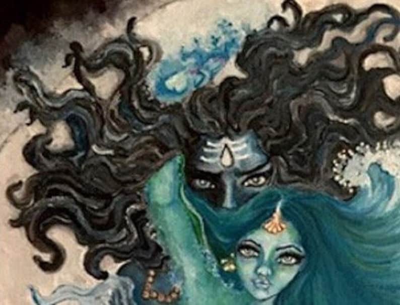 May include: A painting of a Hindu deity, Shiva, with his consort, Parvati. Shiva is depicted with a third eye and a blue face, while Parvati has a green face and long, flowing hair. The painting is done in a vibrant style with a mix of blue, green, and black colors.