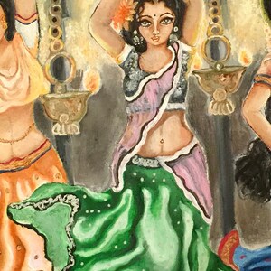 May include: A painting of two women in traditional Indian clothing dancing. The woman in the foreground is wearing a green and pink sari with a black and white trim. She has her arms raised above her head and is smiling. The woman in the background is wearing a blue and orange sari. Both women are surrounded by flowers and lights.
