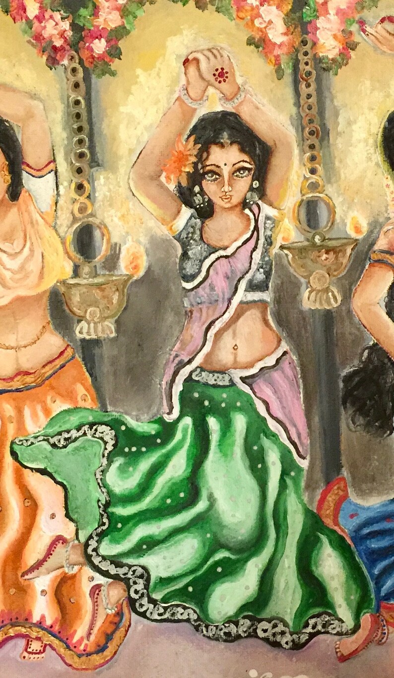 May include: A painting of two women in traditional Indian clothing dancing. The woman in the foreground is wearing a green and pink sari with a black and white trim. She has her arms raised above her head and is smiling. The woman in the background is wearing a blue and orange sari. Both women are surrounded by flowers and lights.