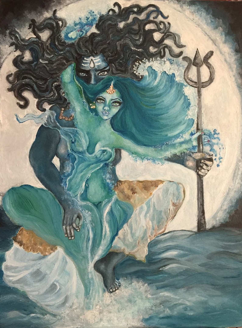 May include: A painting depicting a Hindu deity, Shiva, with his consort, Parvati, in a blue and green color scheme. Shiva is holding a trident, and Parvati is depicted as a flowing wave.