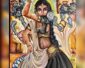 Fine art print of a dancing girl , traditional indian culture art, colorful poster print gifts, beautiful wall hanging gifts.