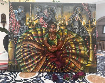 Dipinto Diya femminile divino originale / Arte spirituale indiana dipinta a mano / Opera d'arte con lampada da tempio / Decorazione per la casa unica nel suo genere / Parete della stanza Puja
