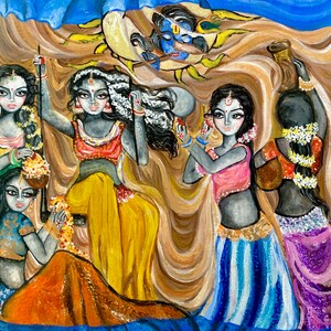 May include: A painting depicting five women in colorful clothing. The women are surrounded by flowing fabric and a blue sky. The painting is done in a vibrant style with bold colors and brushstrokes.