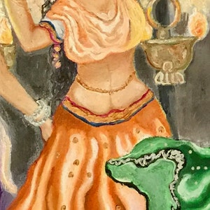 May include: A painting of a woman in a traditional Indian outfit. She is wearing a long, orange skirt with gold accents and a white top with a gold necklace. She has long black hair and is holding a flower garland. The painting is set against a background of flowers and a gold chain.