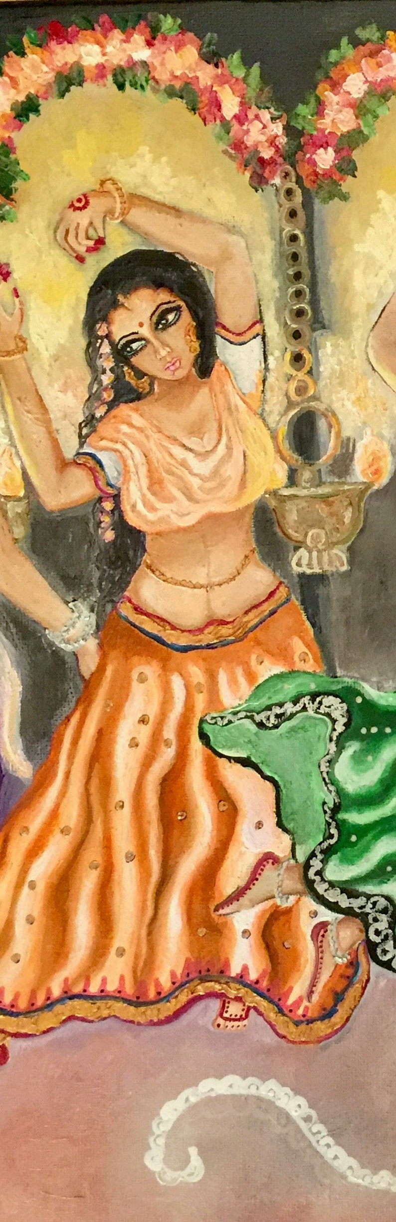 May include: A painting of a woman in a traditional Indian outfit. She is wearing a long, orange skirt with gold accents and a white top with a gold necklace. She has long black hair and is holding a flower garland. The painting is set against a background of flowers and a gold chain.
