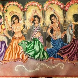 May include: A painting of five women in colorful saris dancing under floral arches. The women are wearing traditional Indian clothing and jewelry. The painting is done in a vibrant style with a lot of detail.