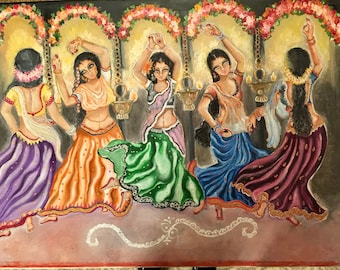 Fine art print dancing girls, colorful indian art, beautiful women wall decor, housewarming gifts personalized poster print room decoration