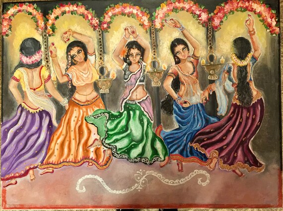 Fine art print dancing girls, colorful indian art, beautiful women wall decor, housewarming gifts personalized poster print room decoration