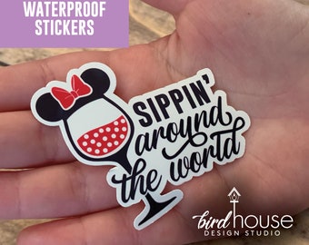 Sippin' Around the World Wine Glass, Epcot Disney Waterproof Sticker, Water Bottles, Laptop