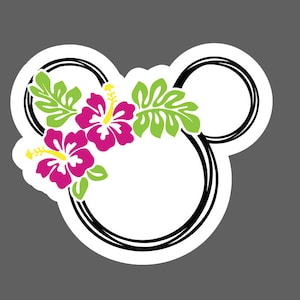 Cute Hawaiian Flowers Minnie Head, Floral, Disney Waterproof Sticker, Water Bottles, Laptop