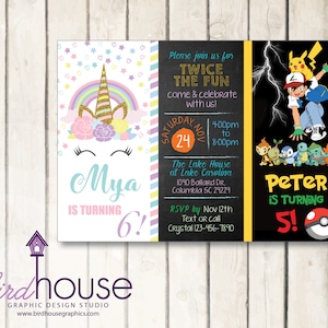 Unicorn Poke Birthday Digital Invitation, Cute Double Party Theme Invite, Girl & Boy