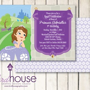 May include: Purple invitation with a cartoon princess on a green hill with a castle in the background. The invitation is for a 4th birthday party for Princess Gabriella. The text on the invitation reads: "Please join us for a Royal Celebration in honor of Princess Gabriella's 4th Birthday. Sunday, December 1, 2013 at 1:00pm Westland Gardens Park Ballroom 13501 NW 107th Avenue Hialeah Gardens, Florida Text your RSVP to Jackie 305.761.9063 Girls, wear your favorite Princess Gown and join Gabby at the Royal Table!"