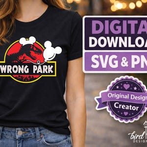 May include: Black t-shirt with a parody design featuring a dinosaur silhouette inside a red circle, the text "WRONG PARK" in yellow, and a Mickey Mouse balloon. Includes digital download information.