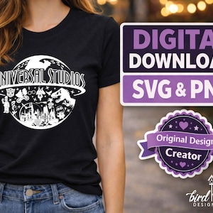May include: Black t-shirt featuring a white graphic of the Universal Studios logo with various characters and attractions. The image also includes a digital download graphic and a design creator badge.