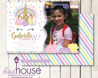 Unicorn Birthday Invitation Photo, Personalized Digital Invite, Cute Girls Party Theme