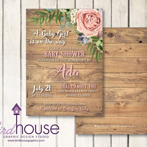 Rustic Floral Baby Shower Birthday Invitation Digital Invite, Cute Theme, Personalized Communion Baptism, wood roses, print ready
