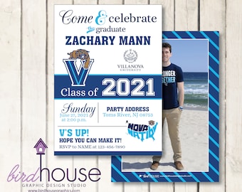 University Graduation Invitation, Any School, University, College, High School, Customize with your Text, Penn State, Miami, FIU, Villanova