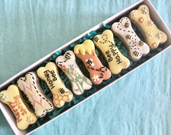 Spring Dog Treats/ I Woof You/ Decorated Dog Bones/ Happy Barkday Box/ All Natural/ Bees and Flowers/ Dog Gift/ Honey/ Thinking of You